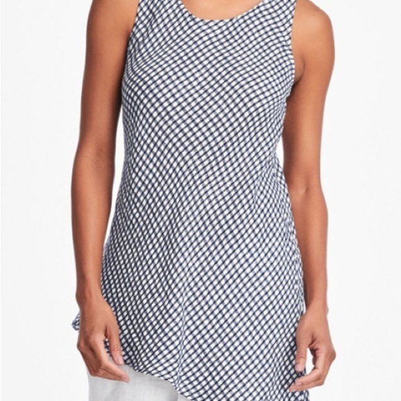 Flax Linen Asymmetrical Airy Navy Gingham Tunic Top - Medium - Picture 2 of 11